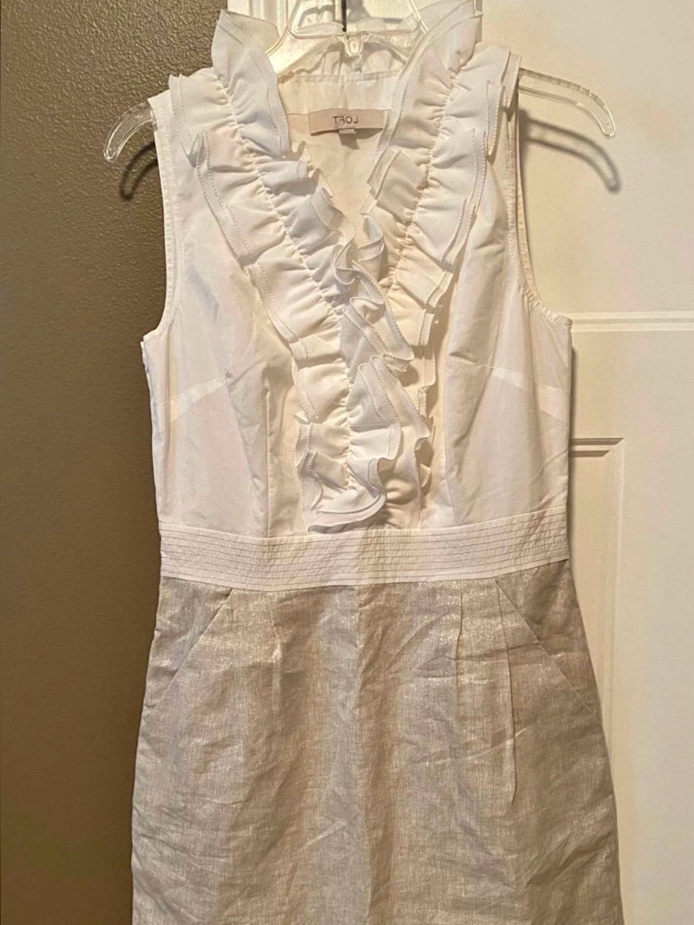 LOFT White Ruffle Bodice Dress with Pockets